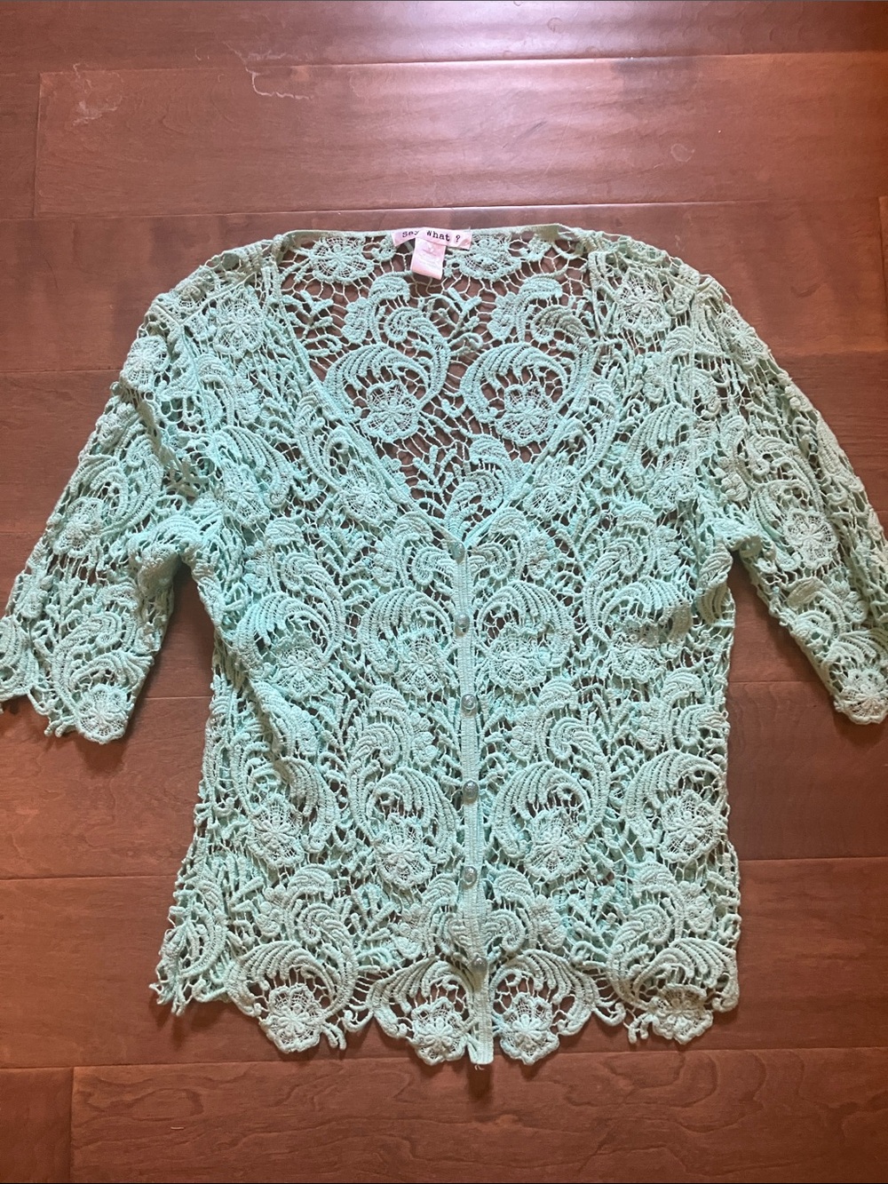 Say What? Mint Crochet Button-Front cotton cardigan